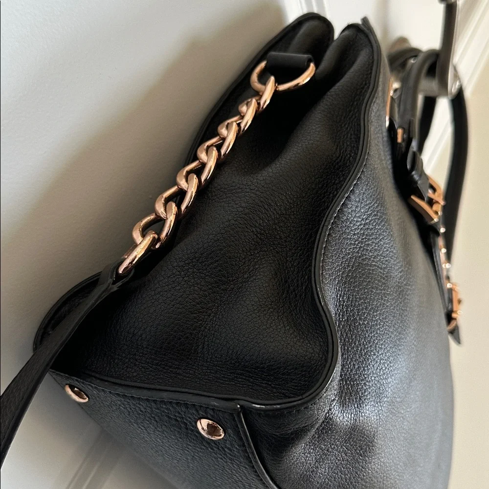 Michael Kors HAMILTON Black Pebbled Leather Satchel Tote Bag Rose Gold Hardware - Picture 16 of 17